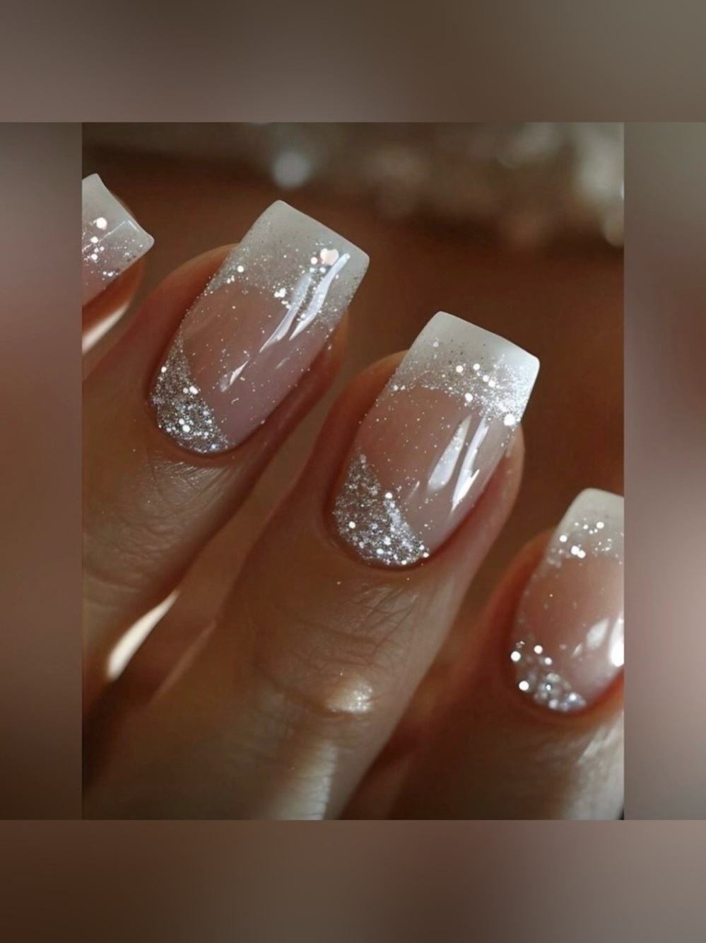 Traditional French Tips Silver Glitter Square PressOn Nails Kit 24 piece set New